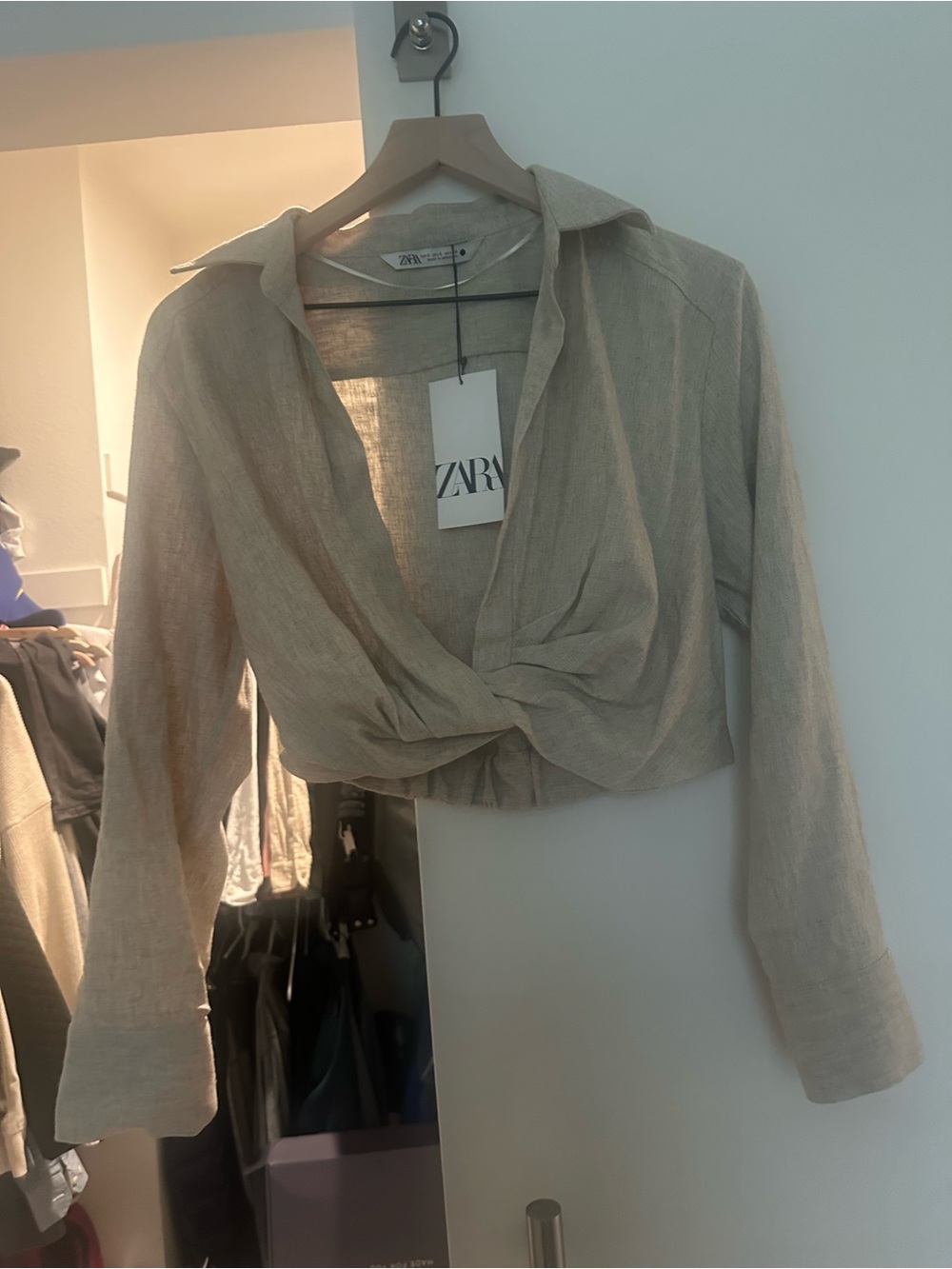 ZARA Neutral Beige Twisted Cropped Shirt
